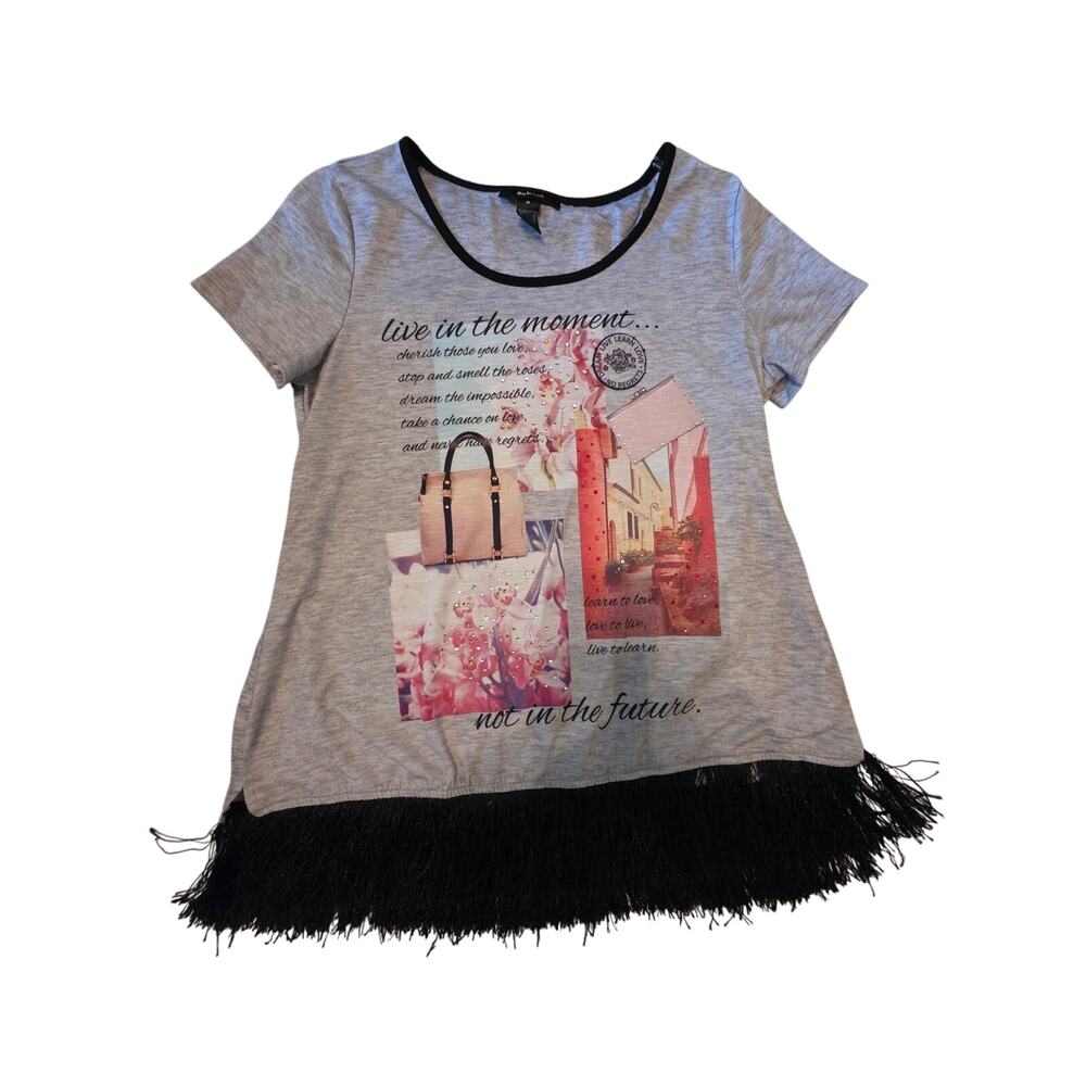 Style & Co Gray Fringe Hem Graphic Tee Medium Embellished Short Sleeve Boho Top
